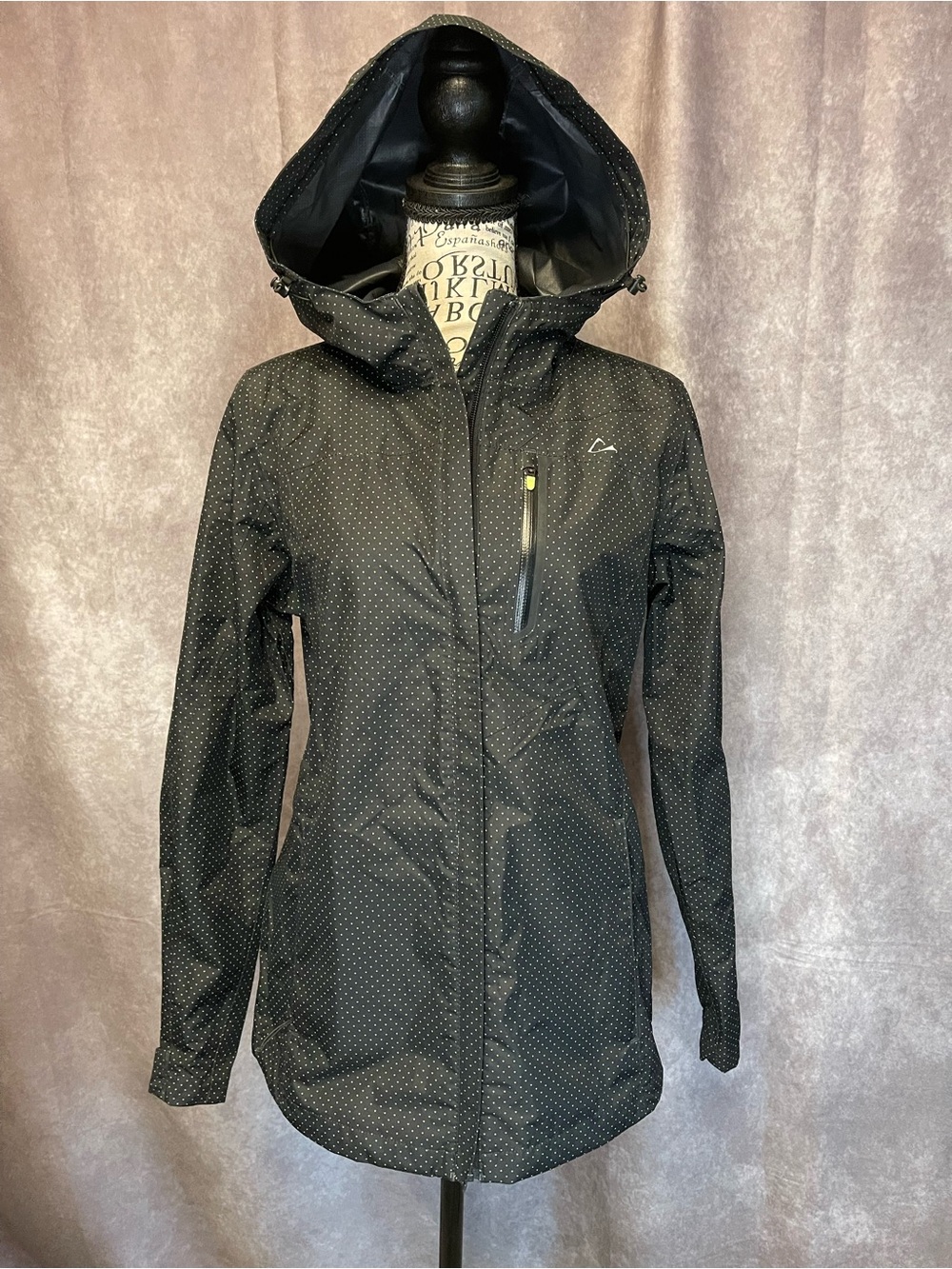Paradox Women's Black Hooded RainJacket with Green Micro Dot Print. Size Small